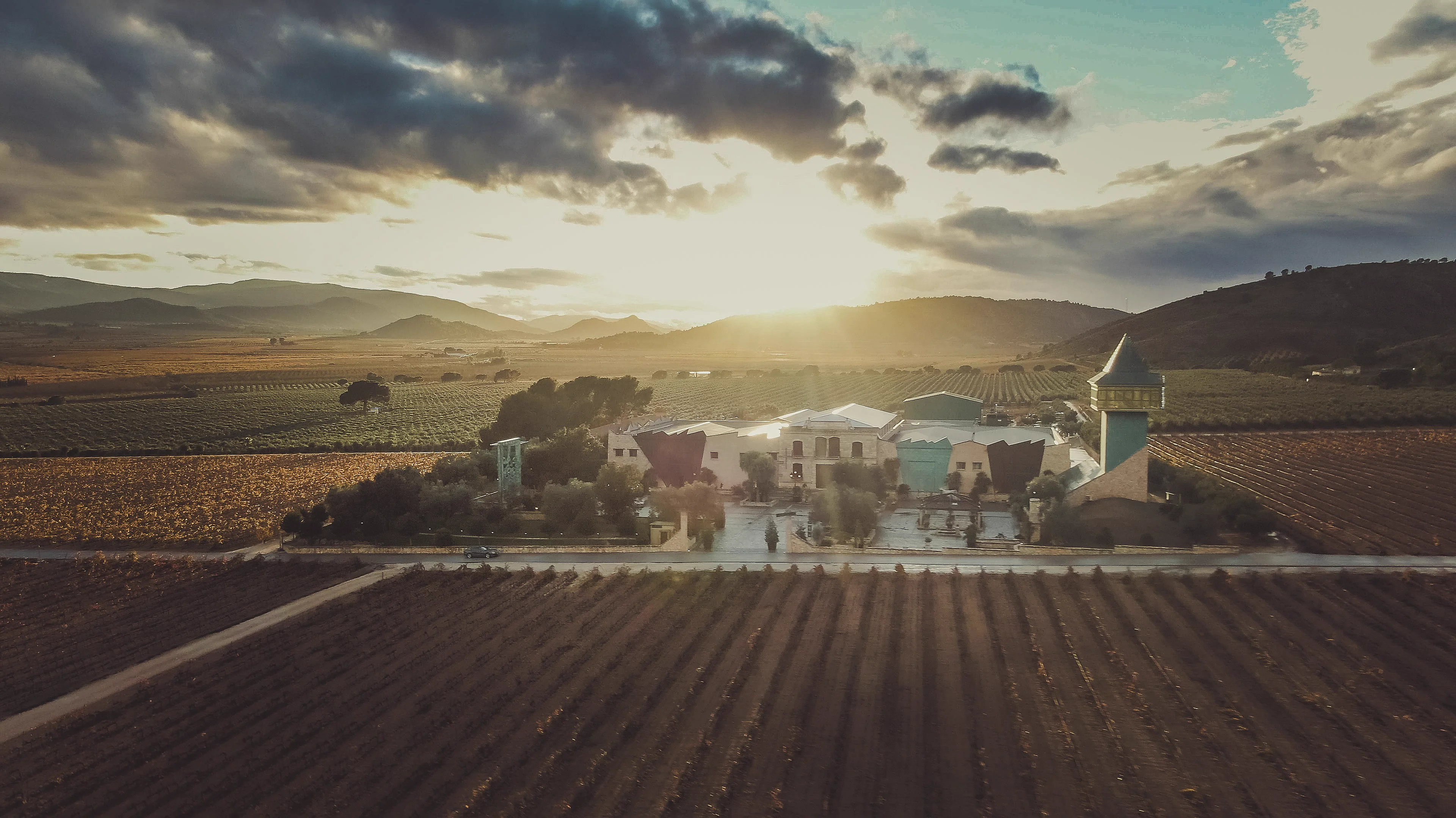 Finca y bodega centenaria rodeada de viñedos al atardecer